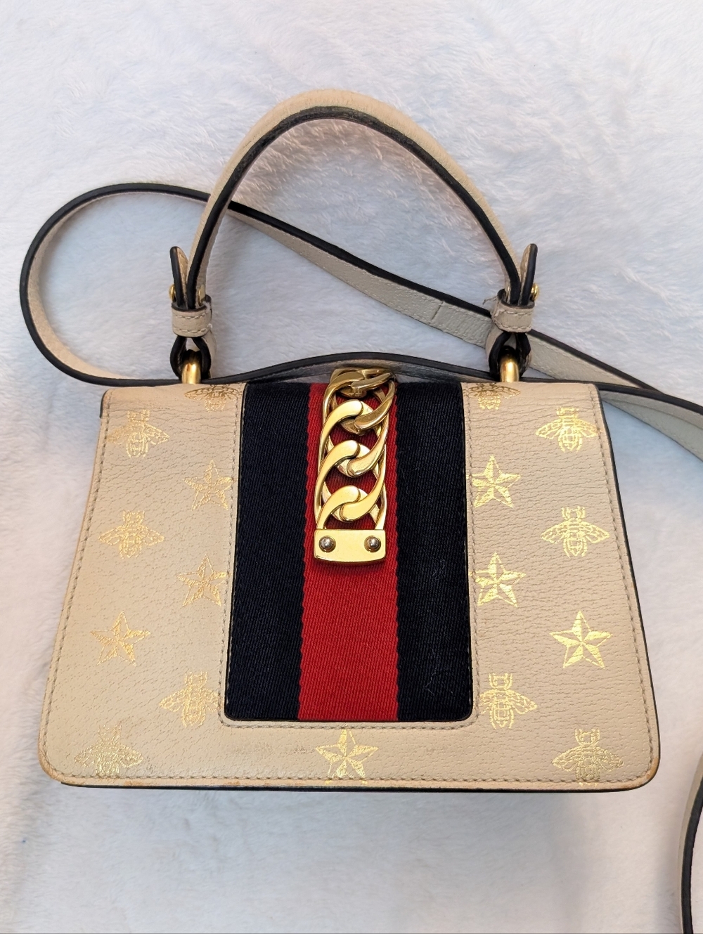 GUCCI Sylvie Sherry Line Bee Star 2Way Leather Handbag Shoulder Bag off White  - Picture 7 of 15